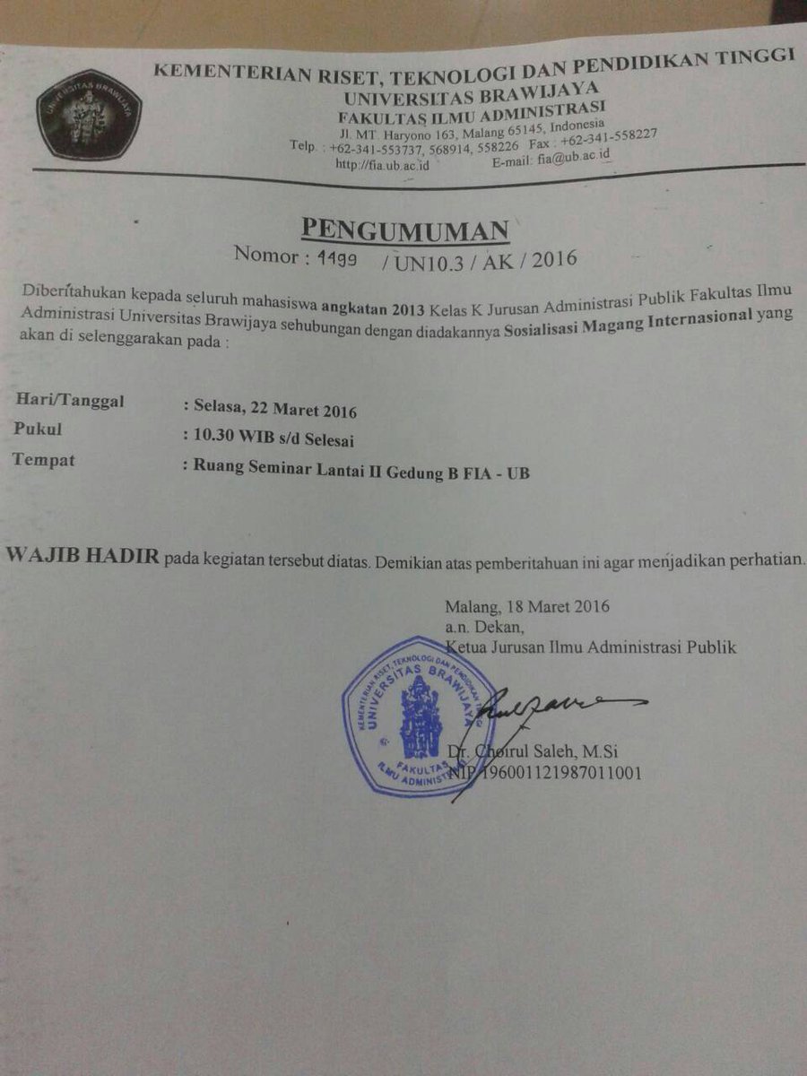 [PENGUMUMAN]
NB: Bagi mahasiswa jurusan Administrasi Publik kelas REGULER yang BERMINAT dapat mengikuti kegiatan tsb