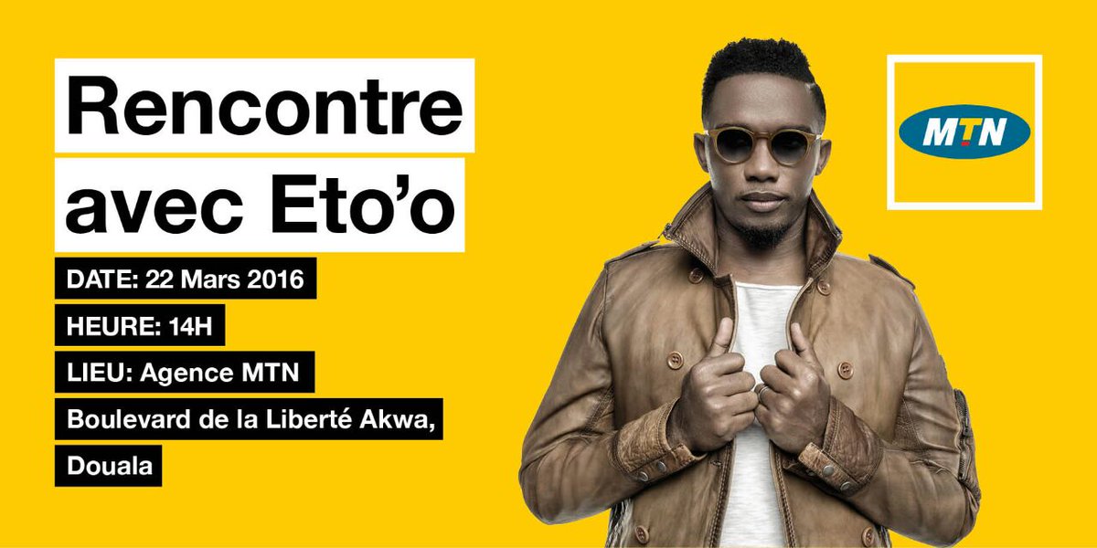 MTNCameroon's tweet photo. Toi aussi viens à la rencontre de @setoo9 à 14h à notre agence d'Akwa. #EtooPeut te signer un autographe ;) #TT237 https://t.co/IT7JkXfHju