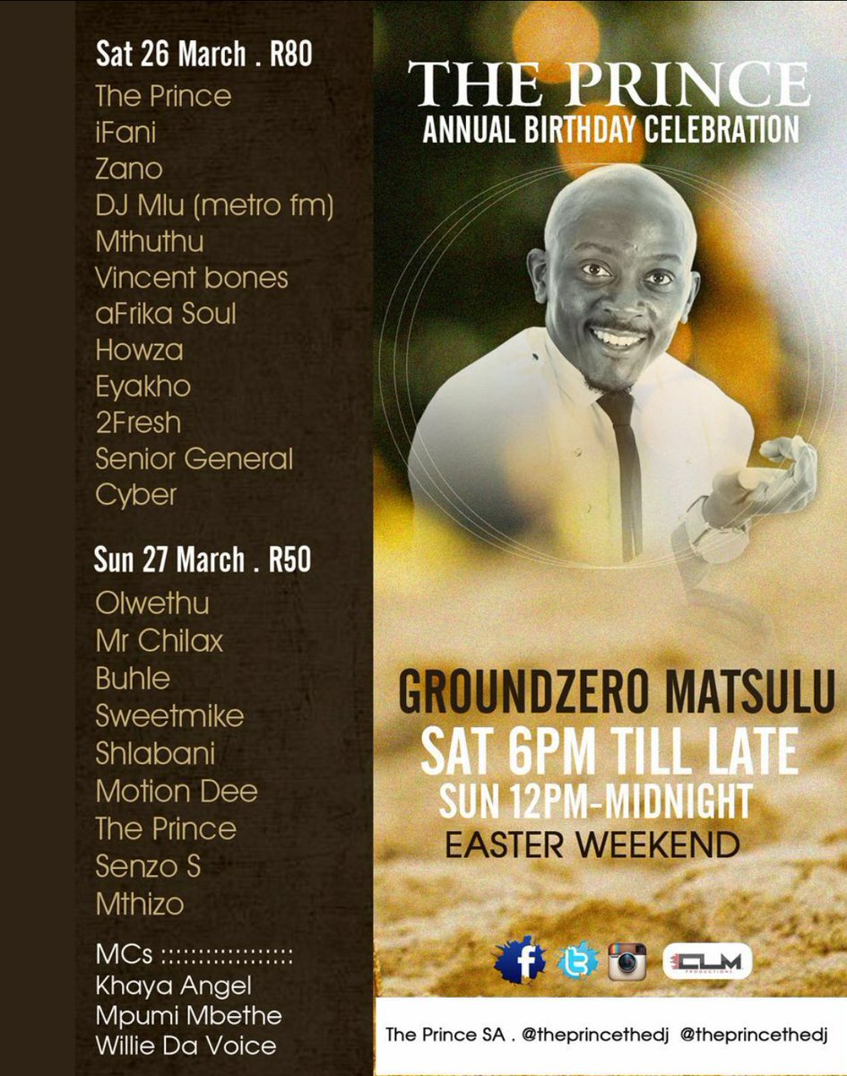 DJMTHIZO's tweet photo. Don't be left out.....it's gonna be epic @theprincethedj @EzaseGroundZero @ZanoUrban @WillieDaVoice @sweetmikeSA https://t.co/u6Kp4GNbJa