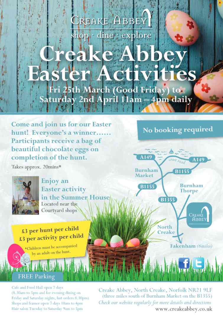 creakeabbeycafe's tweet photo. Looking forward to the #Easter #fun @creakeabbey 11am-4pm daily from 25 March to 2 April #familyfun #northnorfolk https://t.co/bnMIHl1Uv4