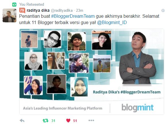 Blogmint_ID's tweet photo. Selamat untuk seluruh pemenang  #BloggerDreamTeam, @widyaherma @acc_lia @kikicasmita di ucapin om @radityadika tuh ! https://t.co/Y02qNvAjha