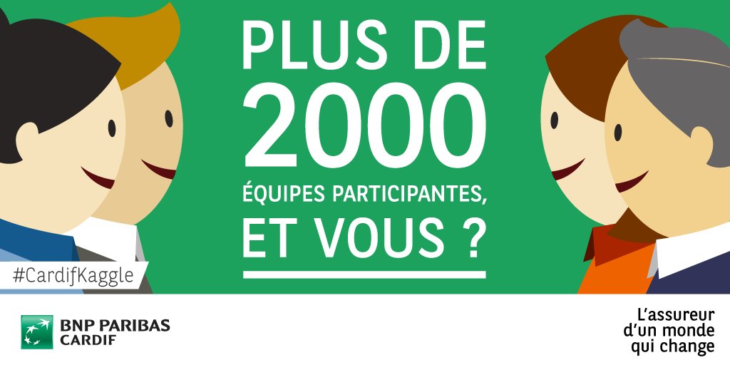 bnpp_cardif's tweet photo. Plus de 2 000 équipes participantes à notre challenge #CardifKaggle ! Pourquoi pas vous ? https://t.co/0BfN2evXJ5 https://t.co/1KeMcvTeBp