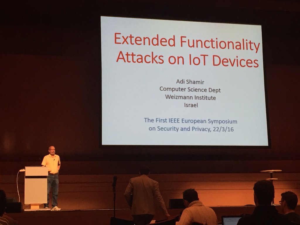 Daeinar's tweet photo. Adi Shamir now on stage at #EuroSP16 giving the keynote on “Extended Functionality Attacks on IoT Devices” https://t.co/fh8EYasJqQ