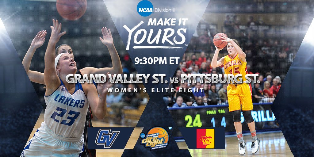 NCAADII's tweet image. Game Day! Tune in 9:30 pm ET #NCAAD2 WBB Quarterfinal: @PittStGorillas  vs @gvsulakers on.ncaa.com/1SdbOJI