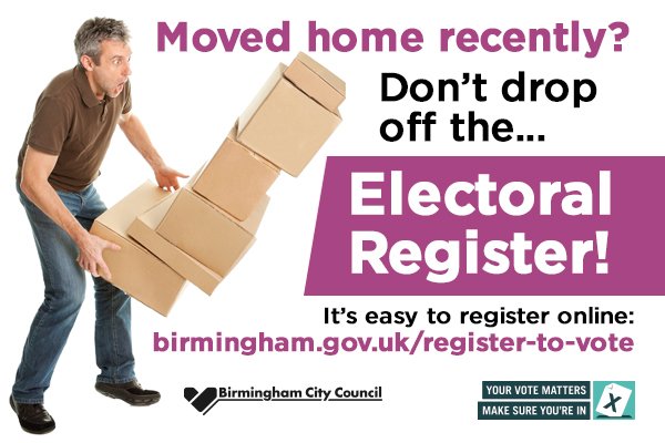 BhamCityCouncil's tweet photo. Moved home? Re-register to vote in locals elections and EU Referendum https://t.co/21U9uA8diB #RegisterBrum https://t.co/5zzmh308IQ