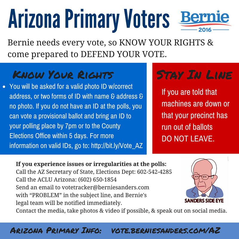 funkinatrix's tweet photo. It's #AZPrimary Day! Know your voting rights, make your voices heard, &amp; help others. @Arizona4Bernie https://t.co/GJ4O7uPxek