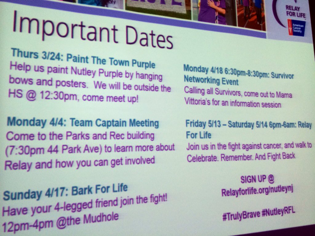 #NutleyRFL just spoke with #NHS freshmen &amp; sophomore classes about #RelayForLife May 13 @ DeMuro Park! #TrulyBrave