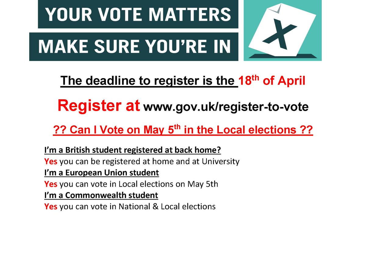 You must register to vote by 18th April. Get online or head to Windsor Building today and register.
