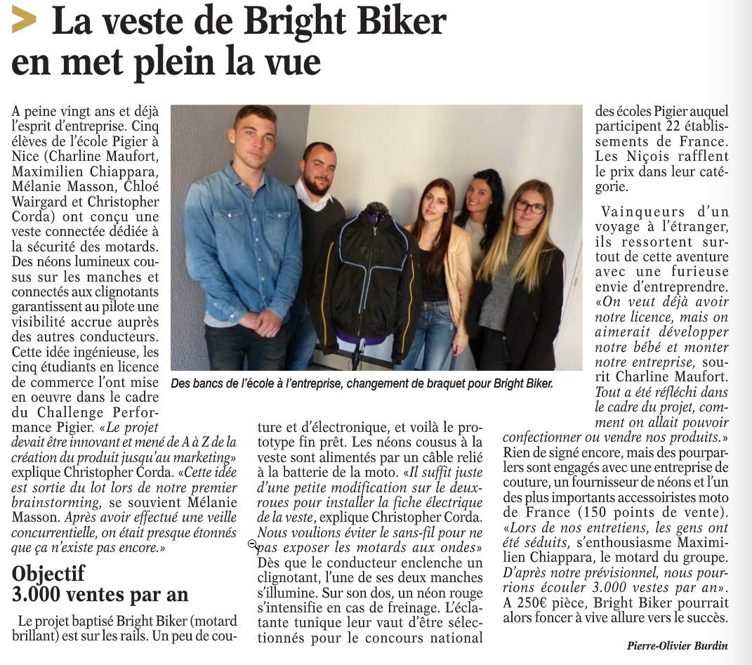 PIGIERPerf's tweet photo. #ChallengePerformance Découvrez le projet innovant de @pigiernice avec la veste connectée "Bright Biker". Bravo ! https://t.co/6In5fLXJt0