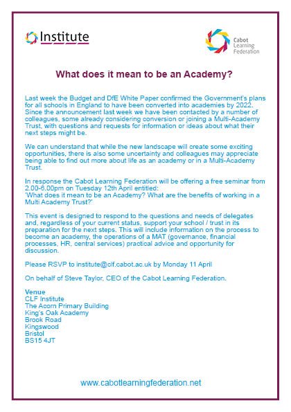 Free info event 12 April What does it mean to be an academy? <a href="/97SteveTaylor/">Steve Taylor</a> @TeachSchCouncil @iBristolPeople