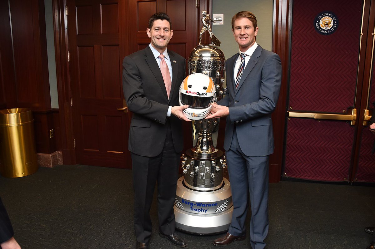 IMS's tweet photo. .@RyanHunterReay meets @SpeakerRyan and presents him with a helmey after showing off the Borg Warner! #RyanMeetsRyan https://t.co/LWodz6yySH