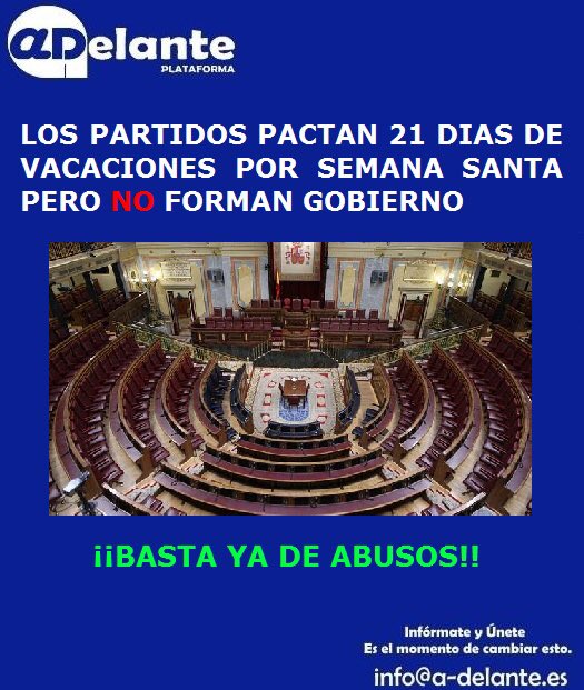 ADelanteOf's tweet photo. @PPopular @CiudadanosCs @PSOE @ahorapodemos acuerdan sus vacaciones.¡ESO SI LES PREOCUPA PERO NO NUESTROS PROBLEMAS! https://t.co/zLs9zcO7fb