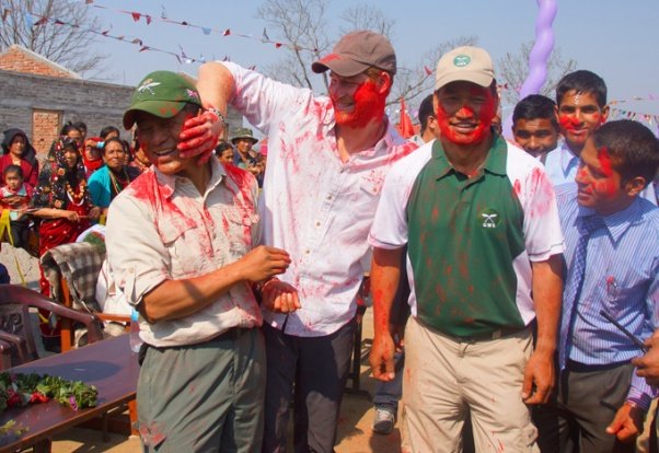 shiva_nepal's tweet photo. Prince Harry mingles with locals to celebrate Holi #TravelNepal #PrinceharryinNepal https://t.co/d3IbWVjkM0