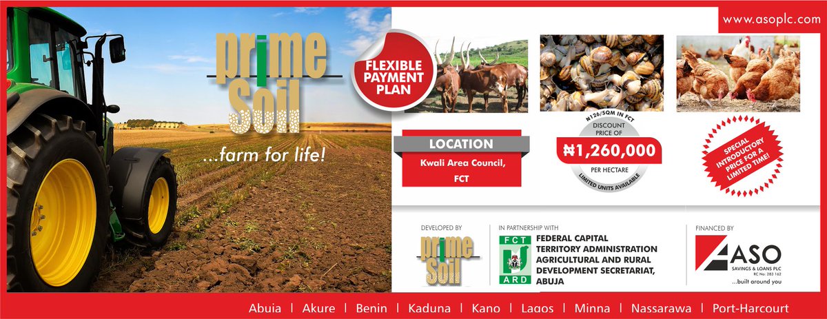 ASO_SAVINGS's tweet photo. Do you know you can own a farmland in Abuja at N126 per Square Meter?Yes you can! For more details, call 07003300000 https://t.co/3TxEgZw084