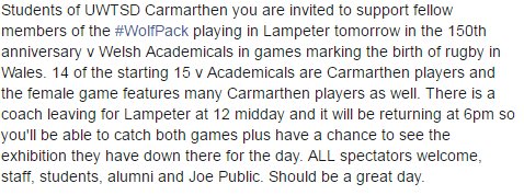 Come and support <a href="/UWTSD/">University of Wales Trinity Saint David</a> <a href="/rugby_trinity/">Trinity Rugby</a> <a href="/TSDSHOE/">UWTSD Sport, Health & Outdoor Education</a> down in Lampeter tomorrow #support #bus #150