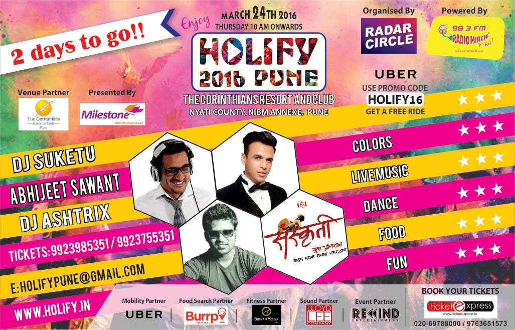 HolifyPune's tweet photo. 2 DAYS TO GO!! for the happiest holi festival @HolifyPune @abhijeetsawant5 @djsuketuindia @DjAshtrix #Holi #HoliHai https://t.co/TO2SzRXAhd