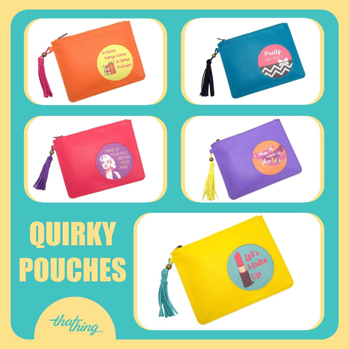 ThathingCo's tweet photo. Stay organized with these #cute and #stylish #pouches
#littlethings #makeup #quirky #StuffbyThathing #Thathing https://t.co/m35wL6PpdU