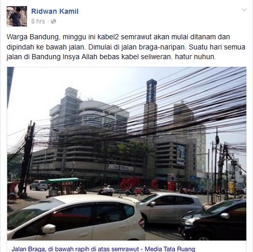 Pak <a href="/ridwankamil/">Ridwan Kamil</a> : Warga Bandung, minggu ini kabel2 semrawut akan mulai ditanam dan dipindah ke bawah jalan