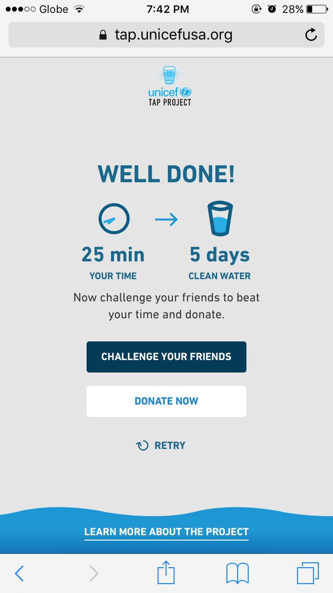 MashoPotatoes's tweet photo. Was able to donate 5 days of clean water by not using my phone for 25 mins! Try it now! #UnicefTapProject https://t.co/3QxtVLvIeC