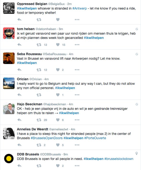 broderick's tweet photo. Belgians are using #ikwilhelpen (I want to help) to help coordinate rides, places to stay, etc. https://t.co/4FsMkAN1Tv