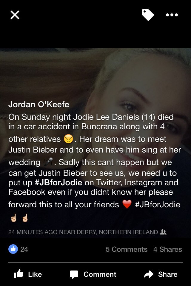 srodgers445's tweet photo. #JBforJodie @justinbieber Retweet this please, such tragic news that has effected so many people!!😔 https://t.co/CiiEQVkbC0