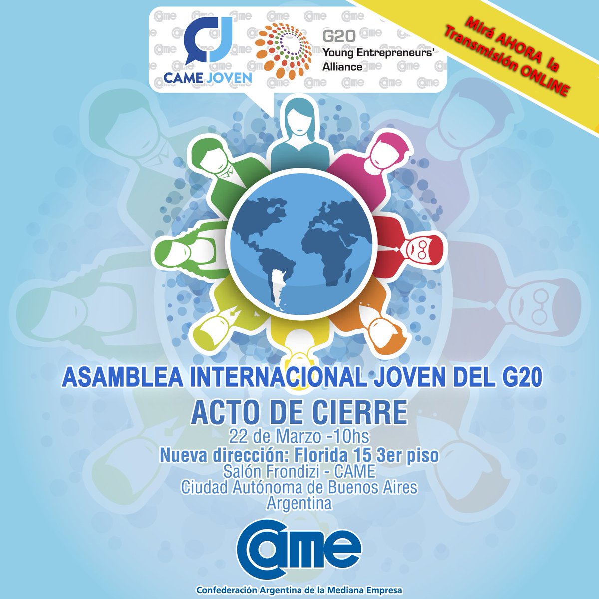 Ahora Acto de Cierre Asamblea Internacional Joven del G20. 
Viví la transmisión en vivo: redcame.org.ar/envivo