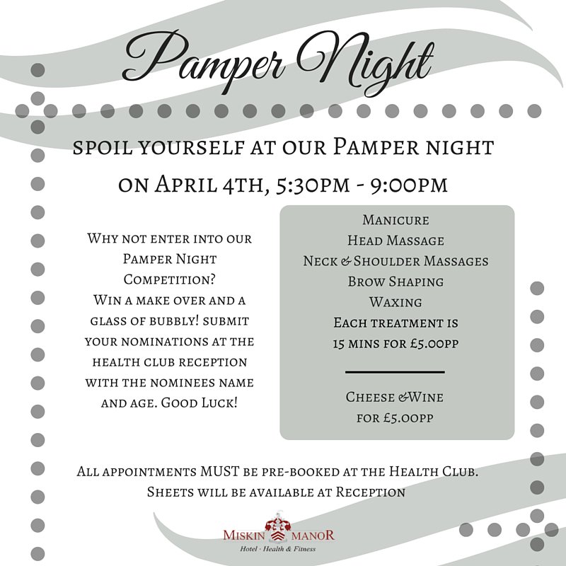 Why not come along to our Pamper Night at the Health Club on April 4th? #Paper #MiskinManor #Cardiff #event