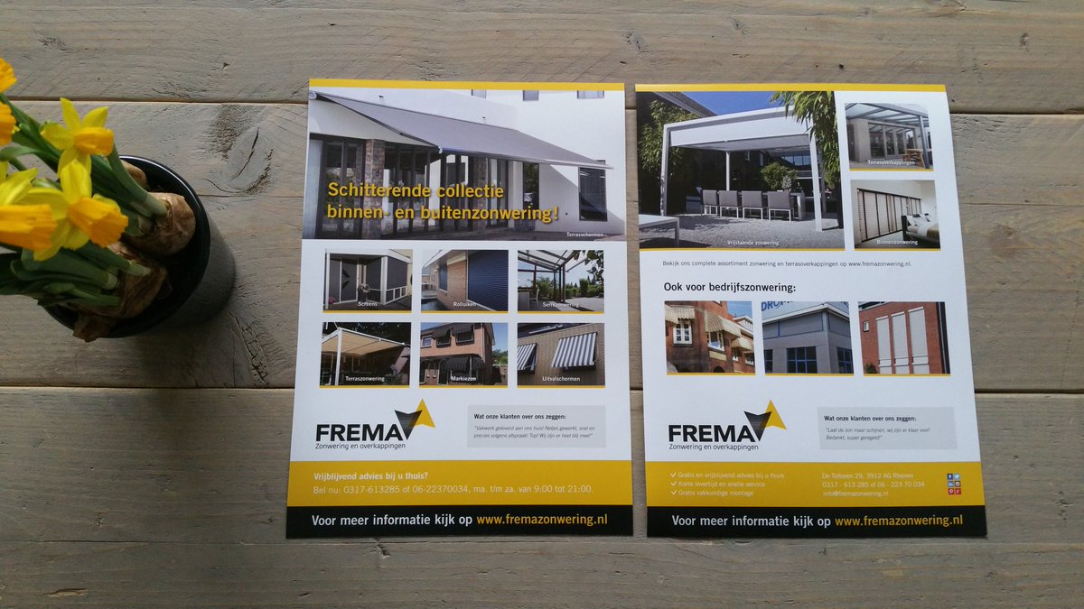 FREMAZonwering's tweet photo. De nieuwe #zonwering #folder! Bedankt @Grafiteam👍Dit weekend oa verspreid in #Rhenen #Veenendaal #Ede #Wageningen https://t.co/3fJfYJpMCh