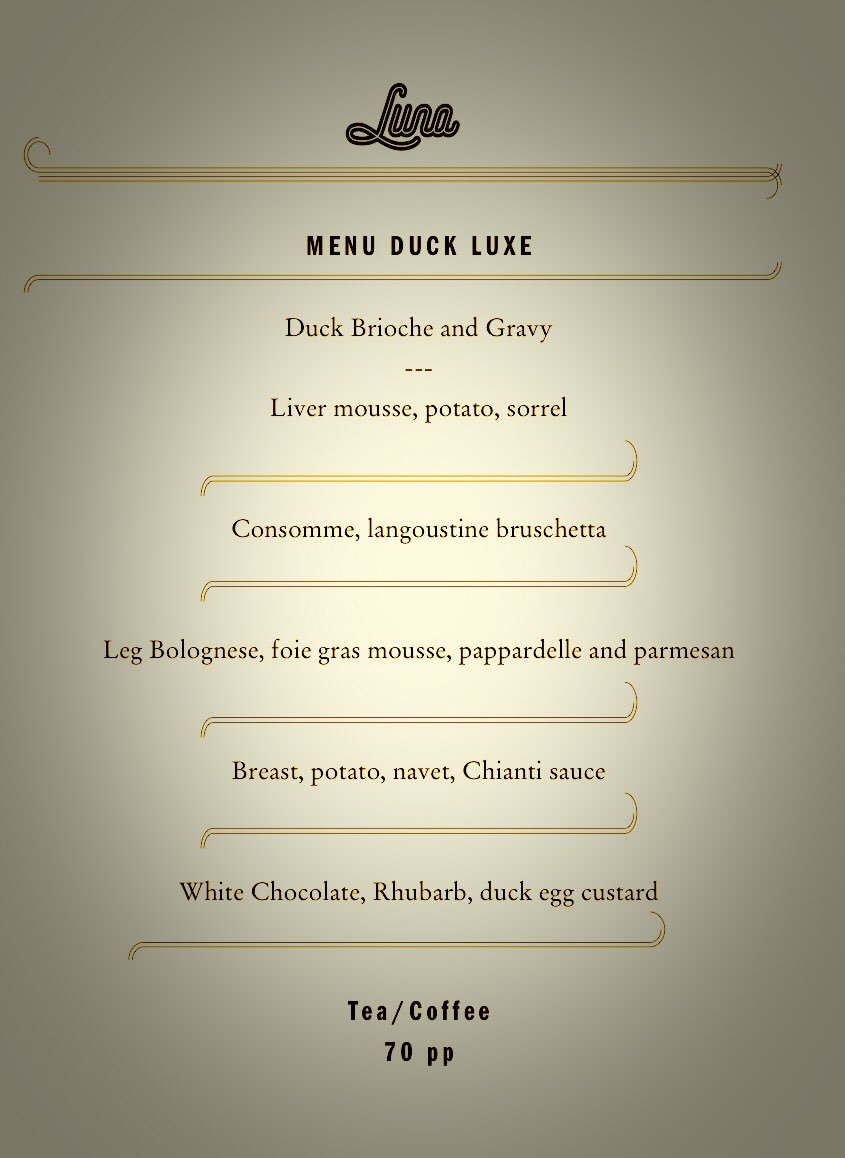 Luna_Dublin's tweet photo. Our New Duck Luxe tasting menu. Limited availability. Pre-order options. #EverythingButTheQuack https://t.co/715UkK0RcR