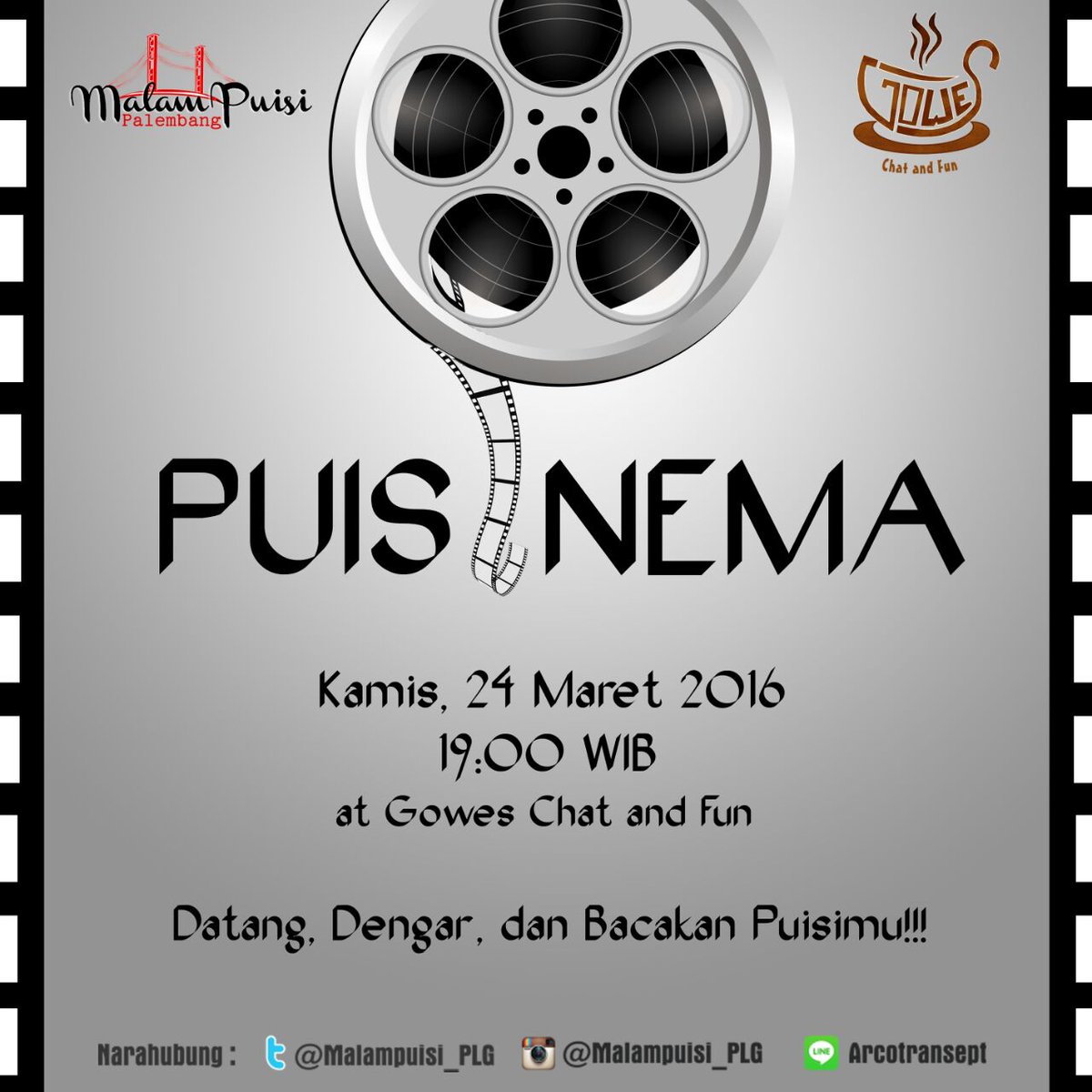 Datang, dengar, dan bacakan puisi dari sinema favoritmu! #PUISINEMA 

<a href="/AboutPalembang/">Palembang</a>