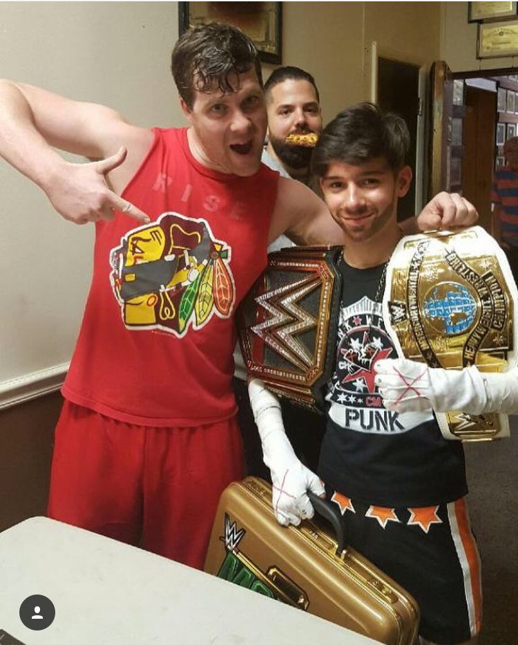 Little_CM_Punk's tweet photo. Little Cm Punk with professional wrestler @HenryMaxwellCHI and @BigMikeTECH  @brainbusterdojo https://t.co/3i70Ney1NZ