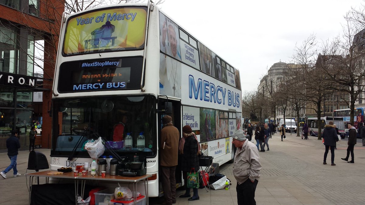 SalfordLourdes's tweet photo. The Mercy Bus is in Piccadilly Gardens until 4pm. If you're in town pop down, the kettle is on! #NextStopMercy https://t.co/DJKFkBLVBc