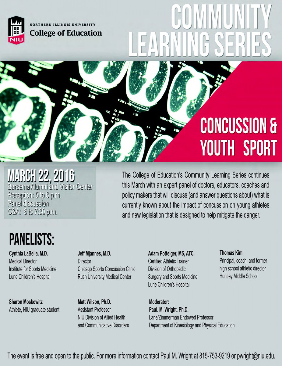 NIU_ATP_'s tweet photo. REMINDER! Today is our Community Learning Series on Concussion and Youth Sport. See you there! #ConcussionSmart https://t.co/U3ViNzcLnx