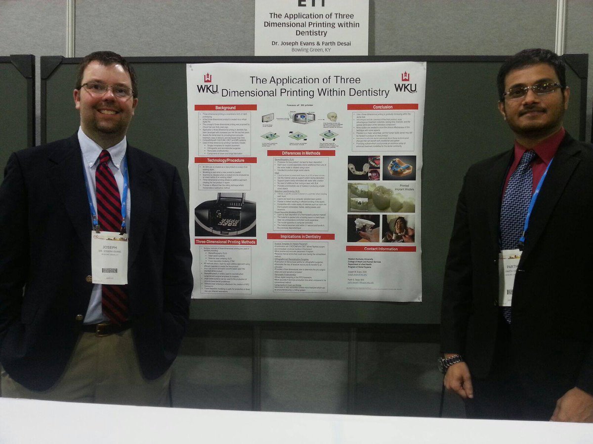 WKU_DH's tweet photo. Dr. Evans & GA, Parth D, present "The Application of 3-D Printing with Dentistry" #hinman2016 @CHHS_WKU https://t.co/j0TwmnAmhQ