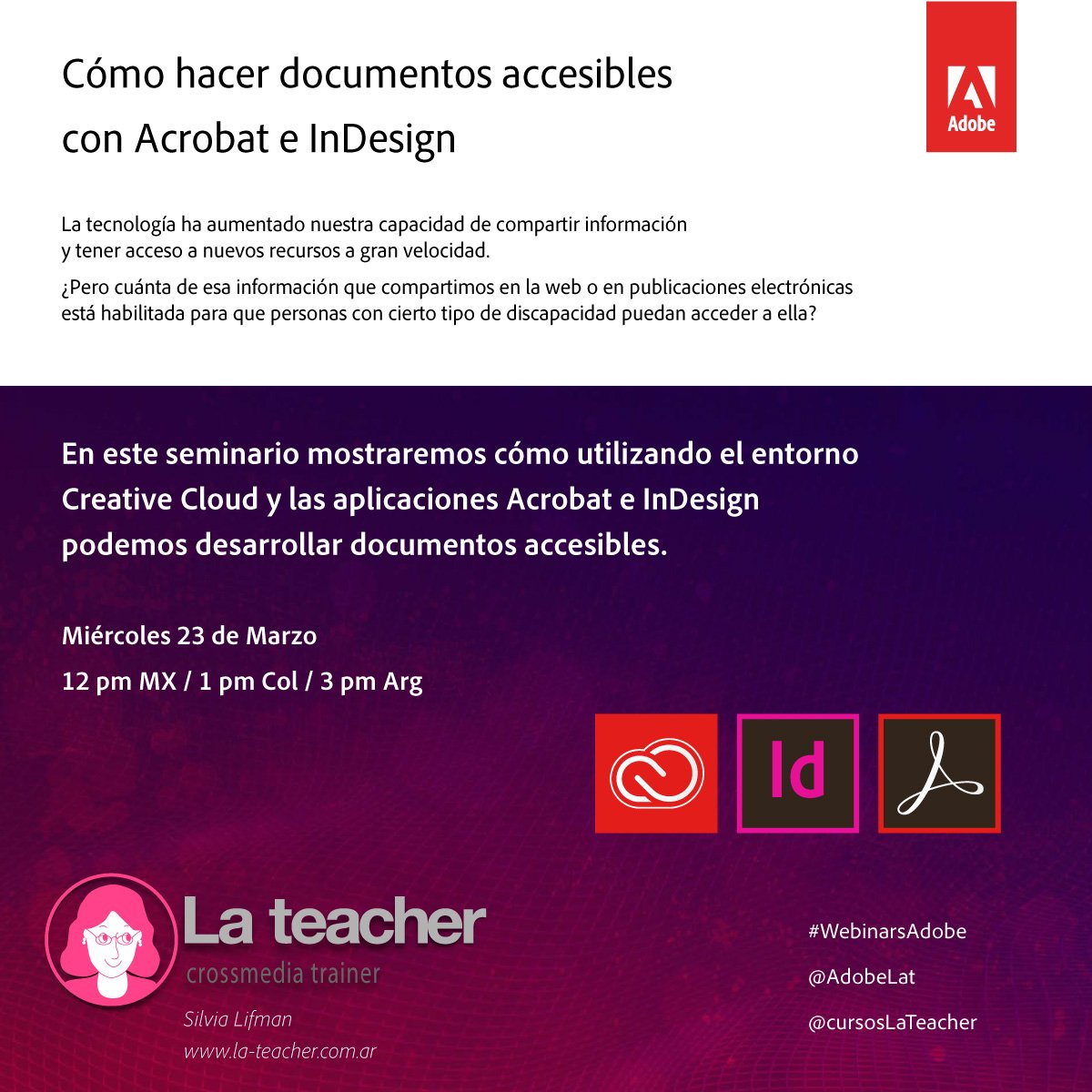 AdobeLat's tweet image. Cómo crear documentos accesibles para personas con discapacidad 
Regístrate #WebinarsAdobe bit.ly/1T5j2BY