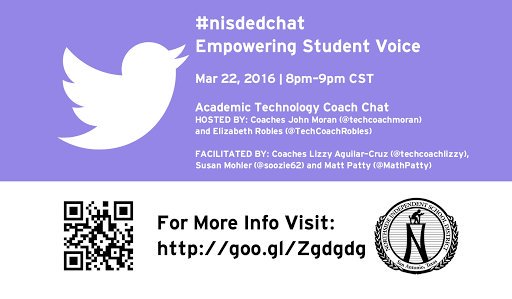 TechCoachRobles's tweet photo. Join us for a great conversation tonight at 8 pm- Empowering Student Voice! #nisdedchat #wankewolves #beestc https://t.co/a6dGcw7kAn