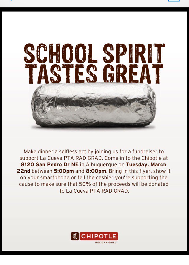 LCHSRadGrad's tweet photo. Chipotle Fundraiser TODAY 5-8PM
Supports RAD GRAD
8120 San Pedro NE
Mention LCHS RAD GRAD when paying
@PrincipalLCHS https://t.co/AuRAcuJJSF