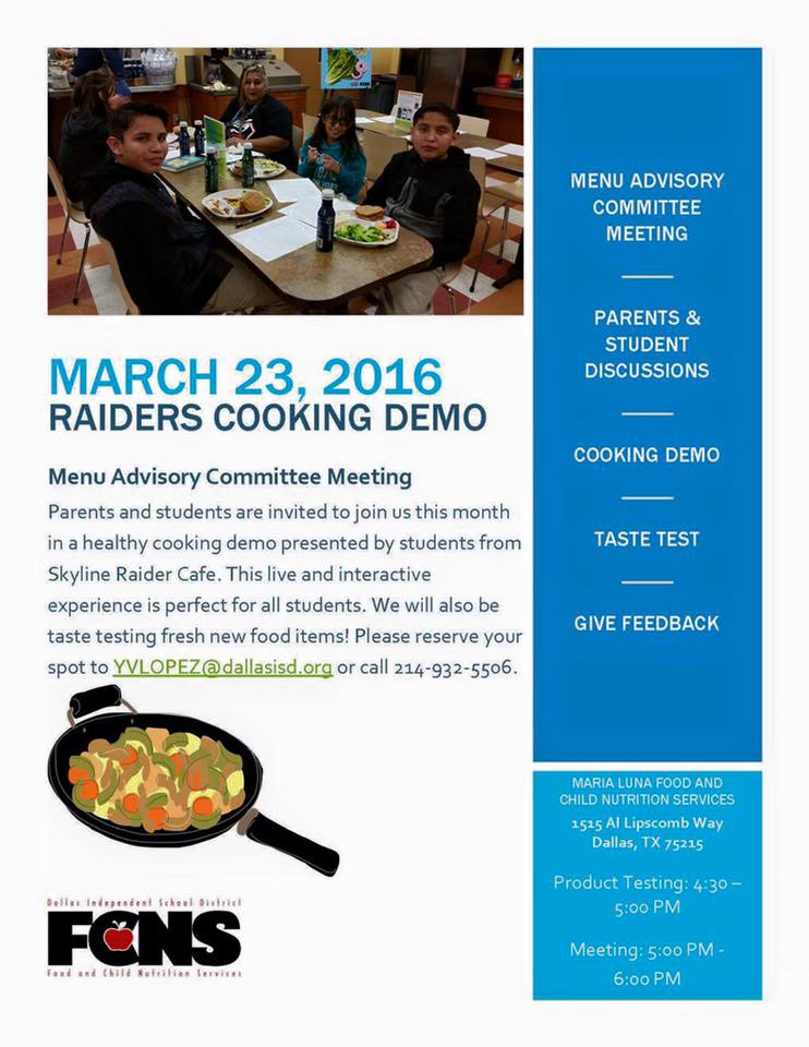 Students &amp; parents invited to #DallasISD Menu Advisory Committee meeting 4:30-6 pm Wed., March 23. See you there!