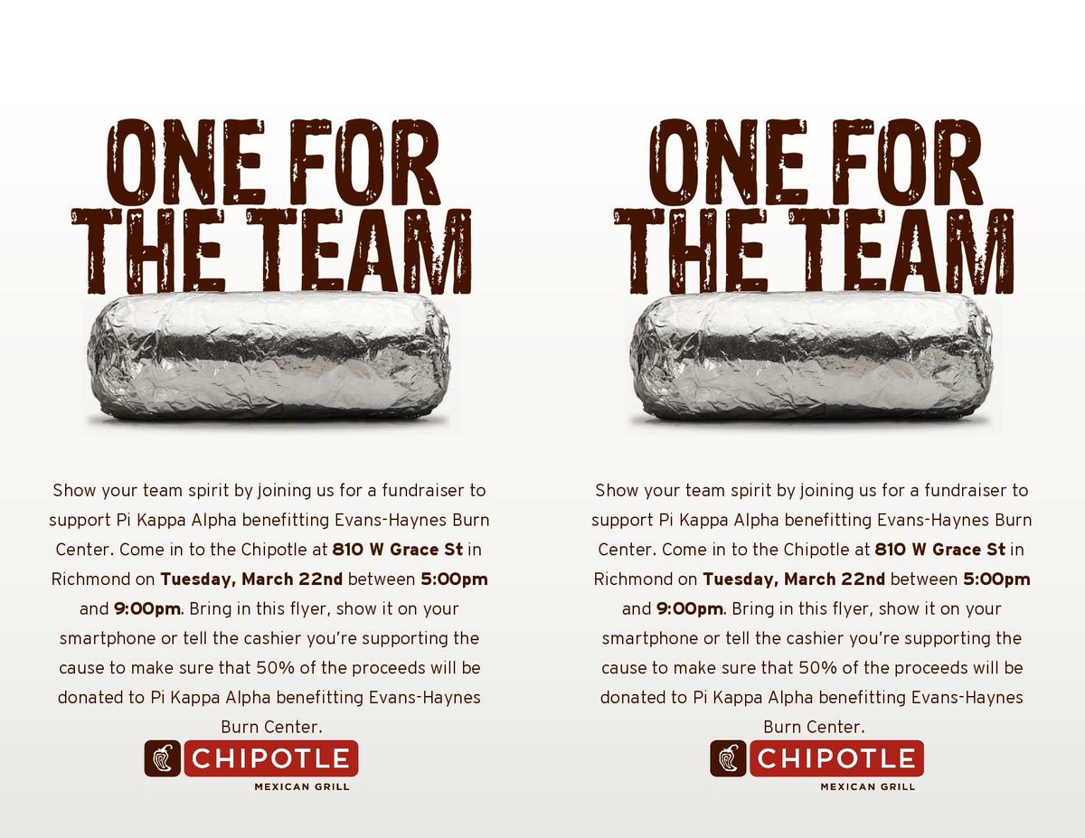 Show this flyer @ chipotle today from 5-9 and 50% of your purchase goes to the Evan-Haynes Burn Center! #guacforgaup