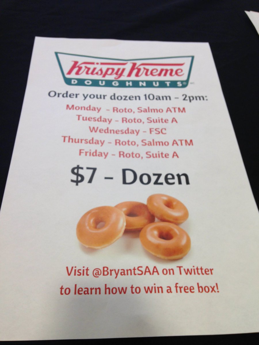 BryantSAA's tweet photo. Retweet for a chance to win a FREE dozen of Krispy Kreme Donuts! Be sure to stop by and pre-order yours this week! https://t.co/7KXRpl3Odb
