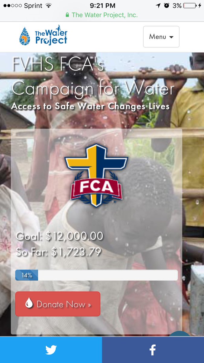 fvhsfca's tweet photo. On #WorldWaterDay fca water project reached 14% and we are $276.21 away from $2,000 dollars!! #FightForCleanWater https://t.co/RTMINIznEo