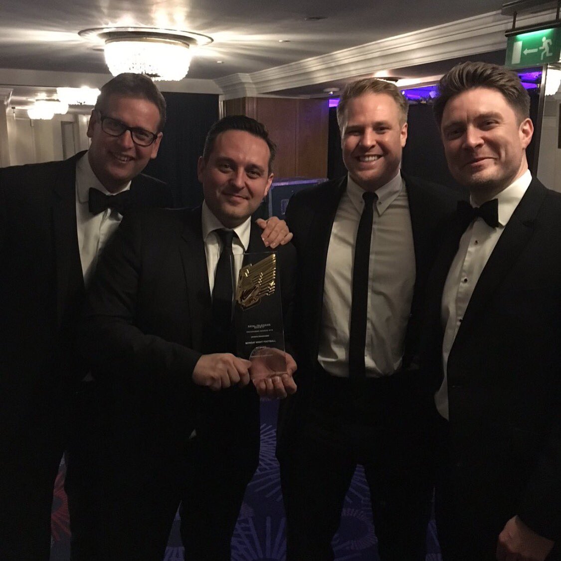 Carra23's tweet photo. Yes! MNF won the Best Sports Programme at the #RTSawards tonight. Chamberlin, Melvin, Hazzard &amp; East what a team!! https://t.co/KF540aLdAG