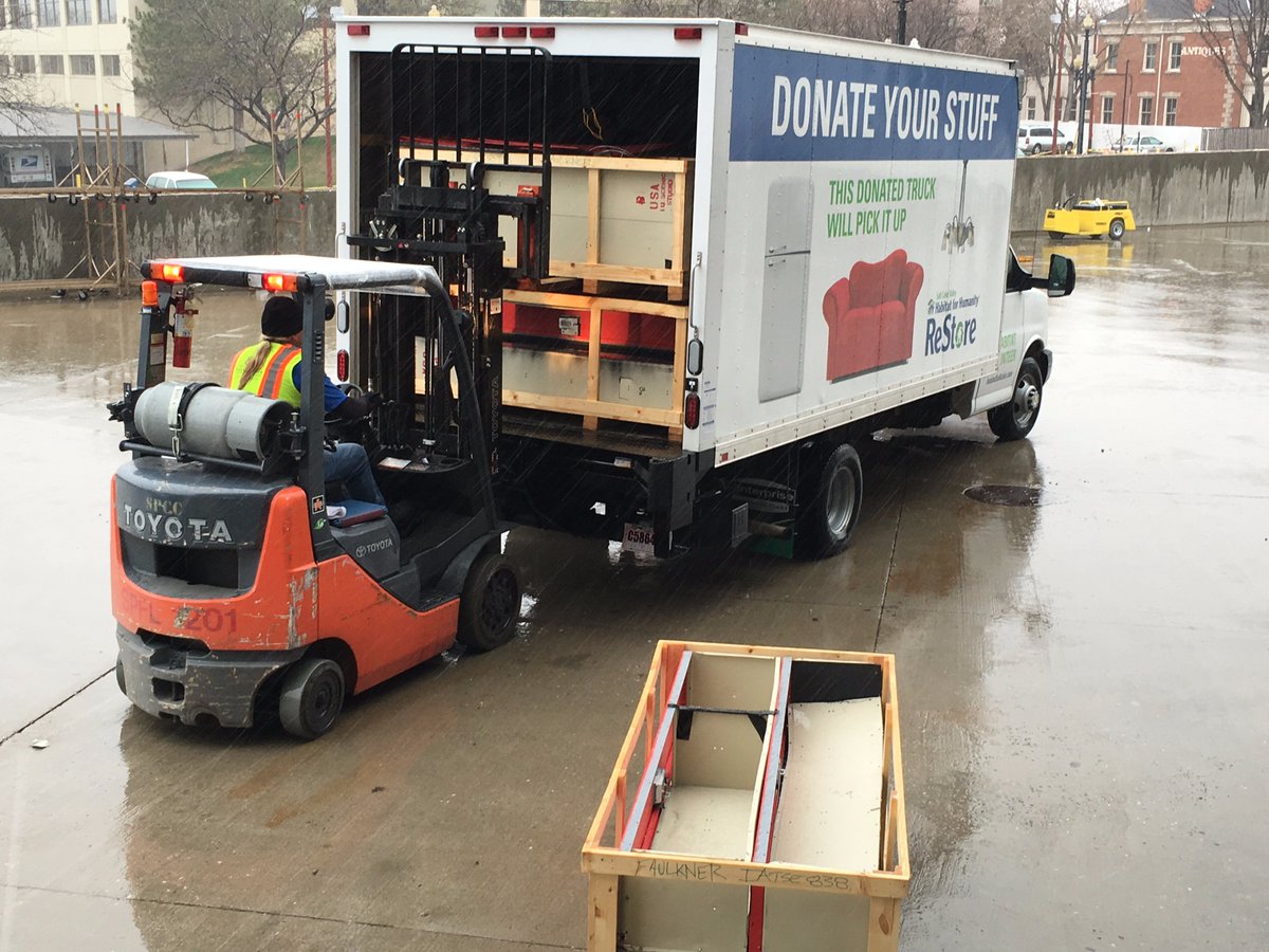 SaltPalaceCC's tweet photo. Rain can't stop us from donating!  Metals and lockers.  @usitt #SaltPalace #USITT2016 #HabitatforHumanity #Donation https://t.co/vhHVTJGK1p
