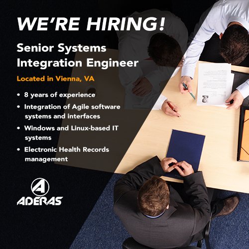 AderasInc's tweet photo. Aderas is hiring Senior Systems Integration Engineers #NOVA #DCJobs!  Check out our jobs https://t.co/5O5MHVhEpq https://t.co/nXgKILgjRB