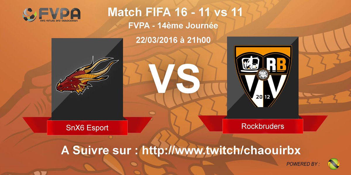SnX6_Esport's tweet photo. Le twitch : https://t.co/9dE1ZaTQBr
@Rockbruders 
#FIFA16 #SNX6 #FVPA https://t.co/Gcp4r0SJRb