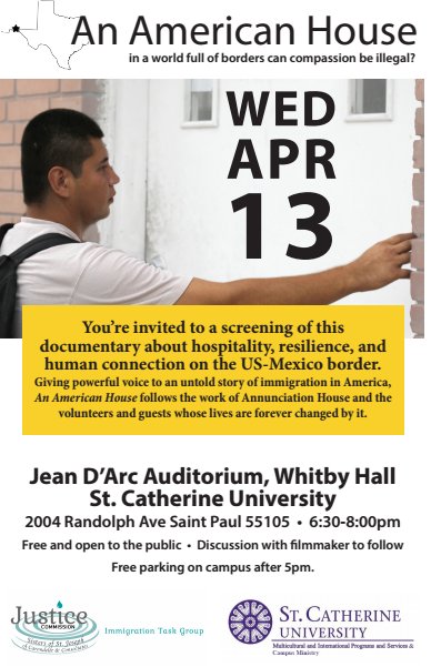ChrisTrani's tweet photo. A poster to promote our screening @StKate in April! #immigration #documentary #socialjustice https://t.co/yZ0KNAJ8ub