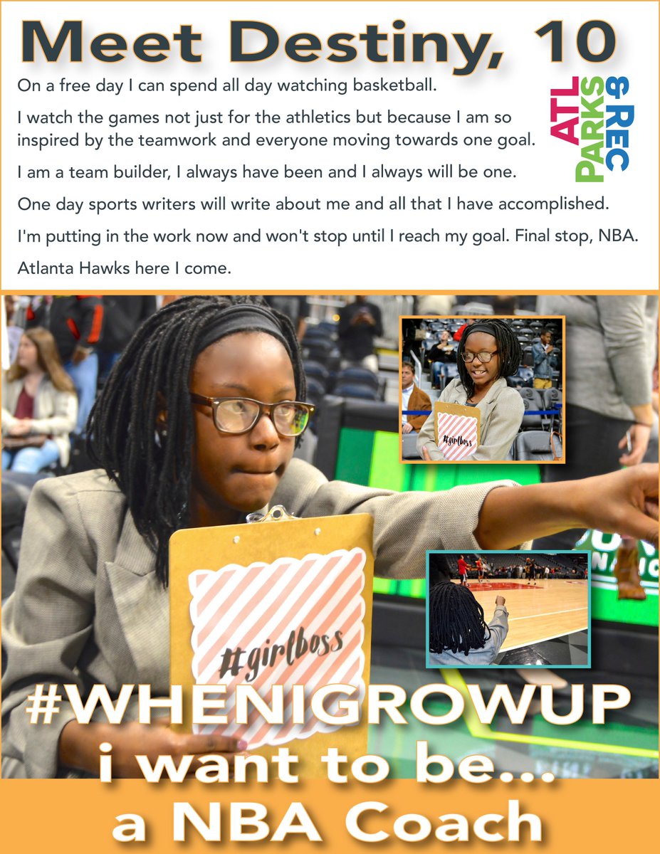ATLParksandRec's tweet photo. @atlparksandrec @cityofAtlanta #WomensHistoryMonth #FutureHistoryMaker @ATLHawks @BeckyHammon @NancyLieberman https://t.co/Xw5RzQQokB