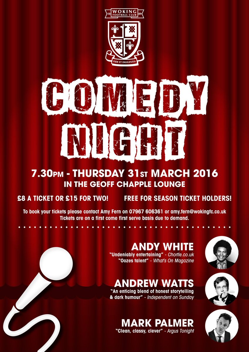 wokingfc's tweet photo. COMEDY NIGHT: Tickets are now available to all, FREE for Season Ticket Holders - https://t.co/0nq907WoYc https://t.co/cUyAR82MaW