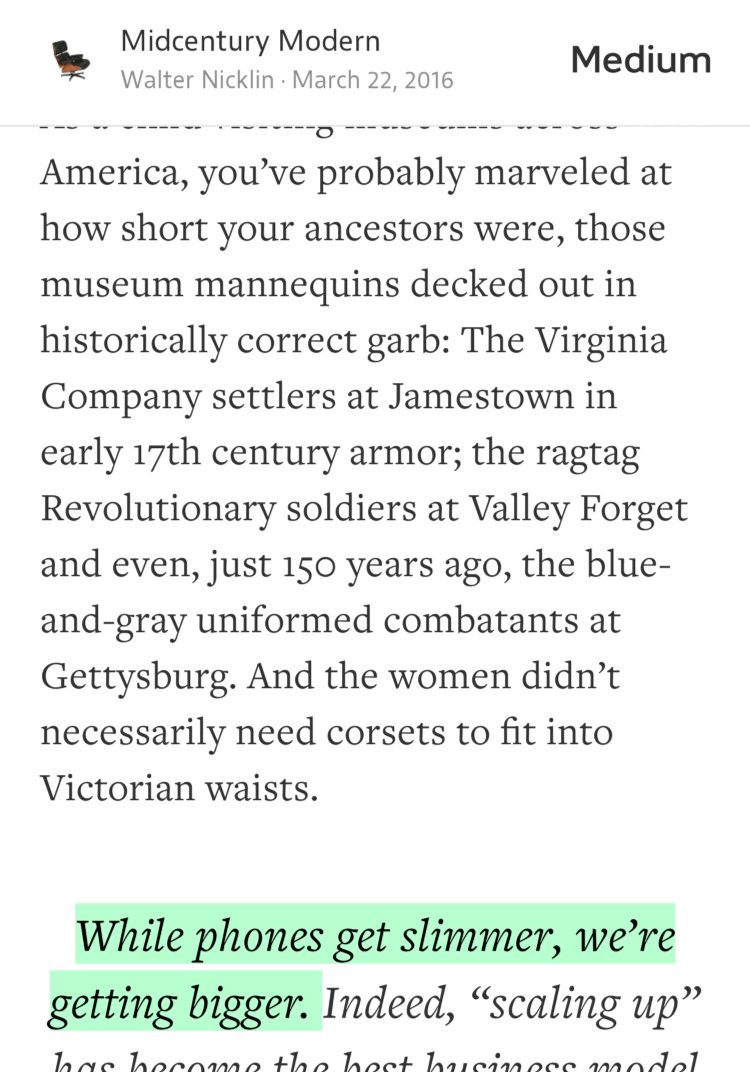 “While phones get slimmer, we’re getting bigger.…” from “Scaling Up!” by Walter Nicklin.