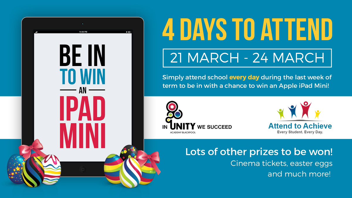 UnityBlackpool's tweet image. STUDENTS - BE IN TO WIN! Attend every day this week and you could win an iPad mini!! #IUWS @UnityAttendance